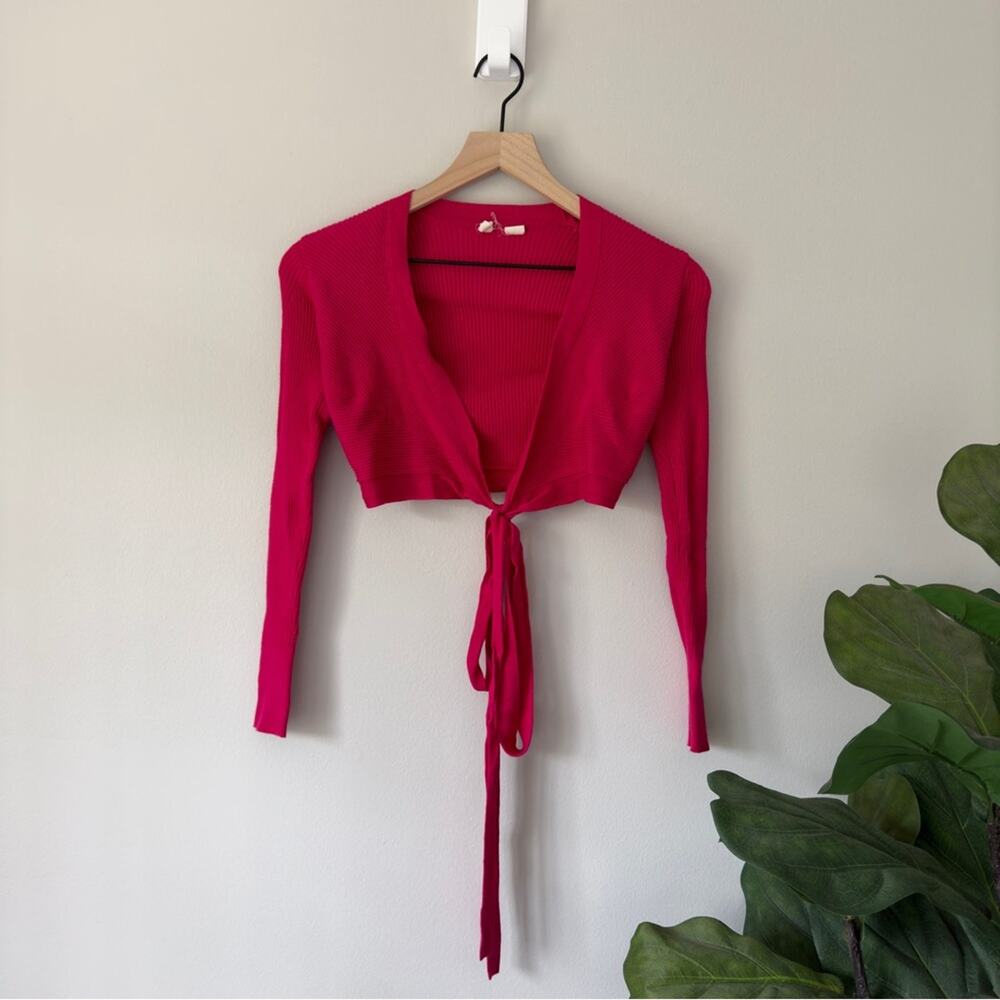 Anthropologie Moth Magenta Shrug Ribbed Tie Bow Front Long Sleeve Solid Cropped